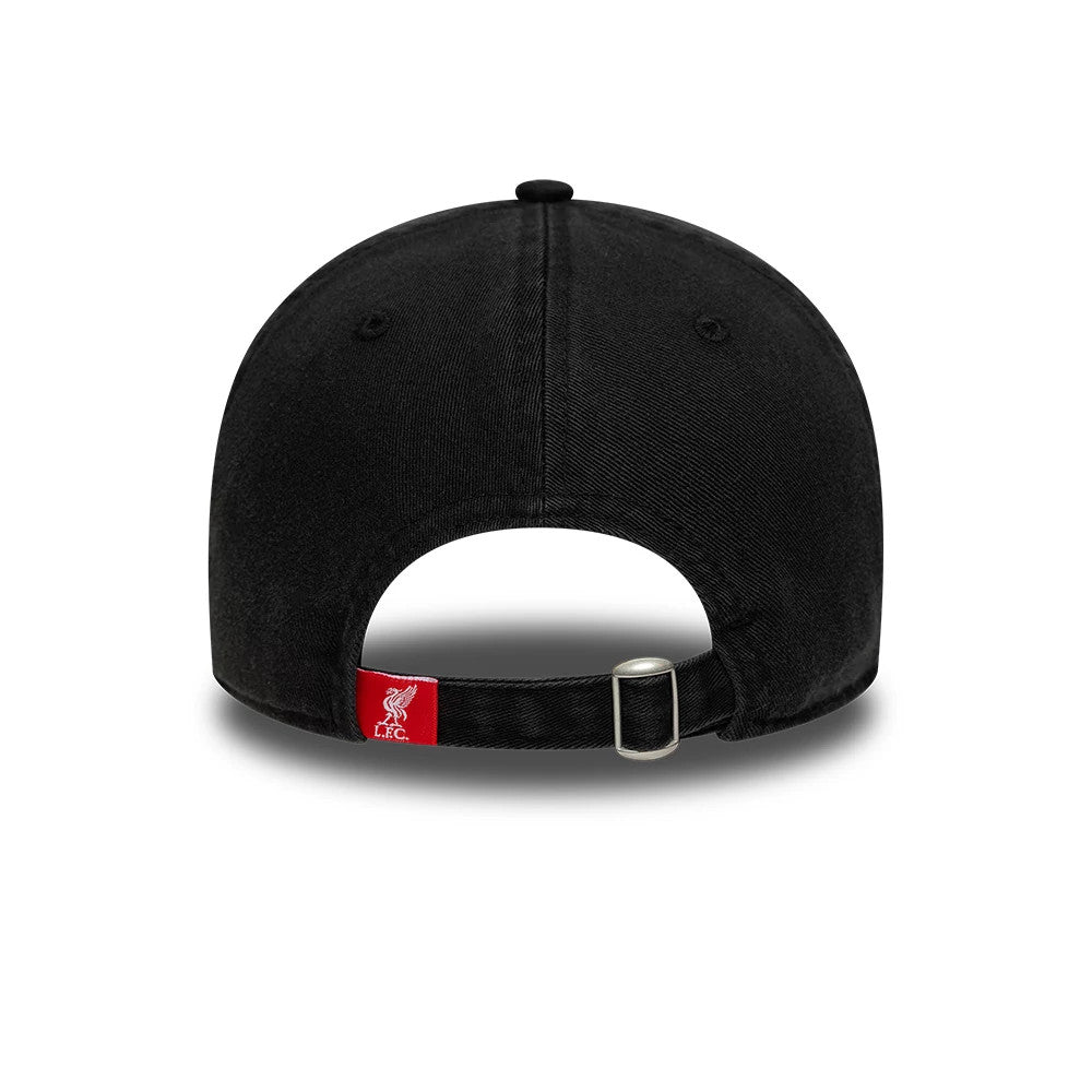 Liverpool FC Wordmark Black New Era 9TWENTY Adjustable Cap, rear view showing a red tag with the club's white Liverbird logo on the adjustable strap, set low on the relaxed black crown, and a buckle closure.