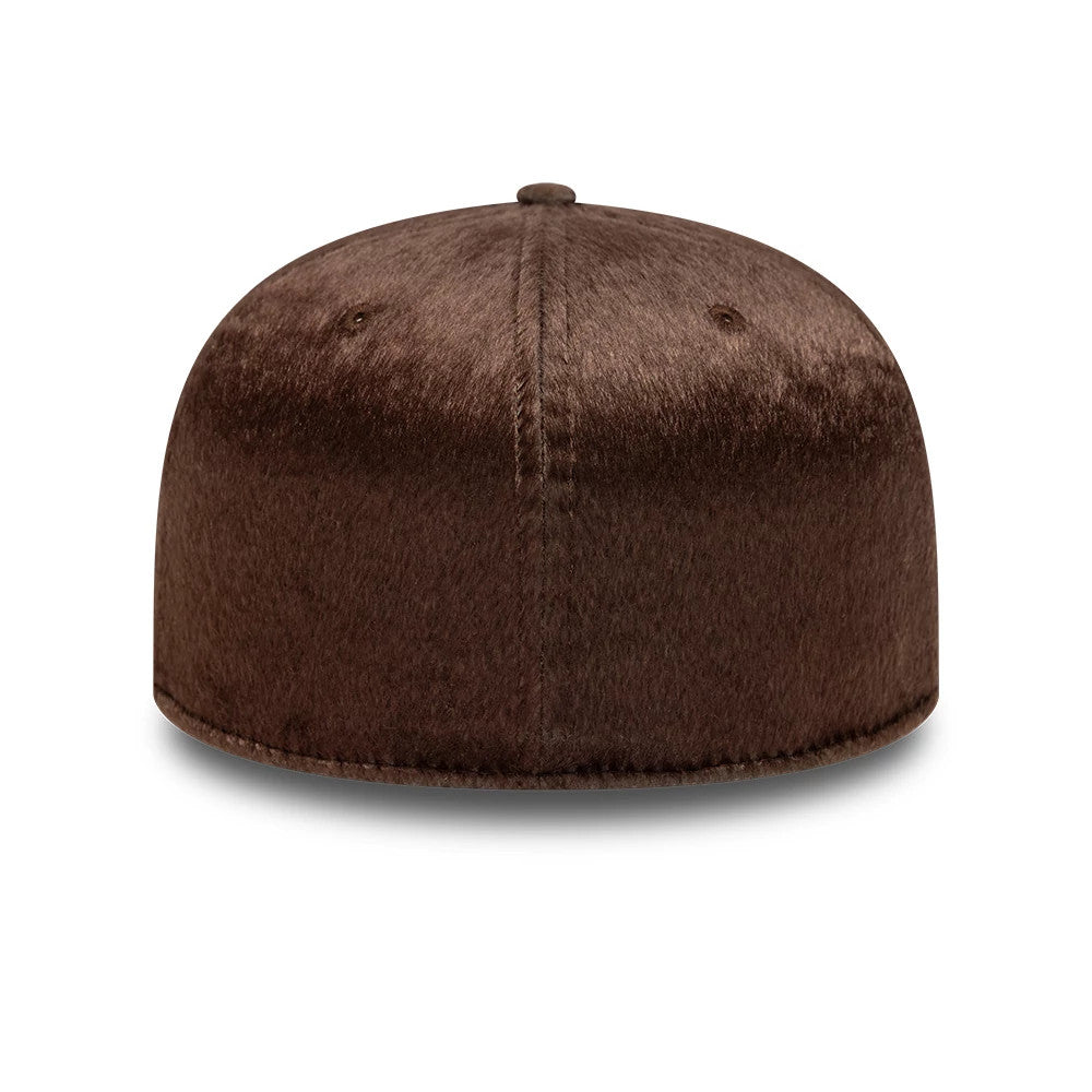 New Era Faux Pony Dark Brown 59FIFTY Fitted Cap, rear view showing the faux pony texture across the structured dark brown crown, with stitching lines and a top button matching the deep brown colour of the cap.