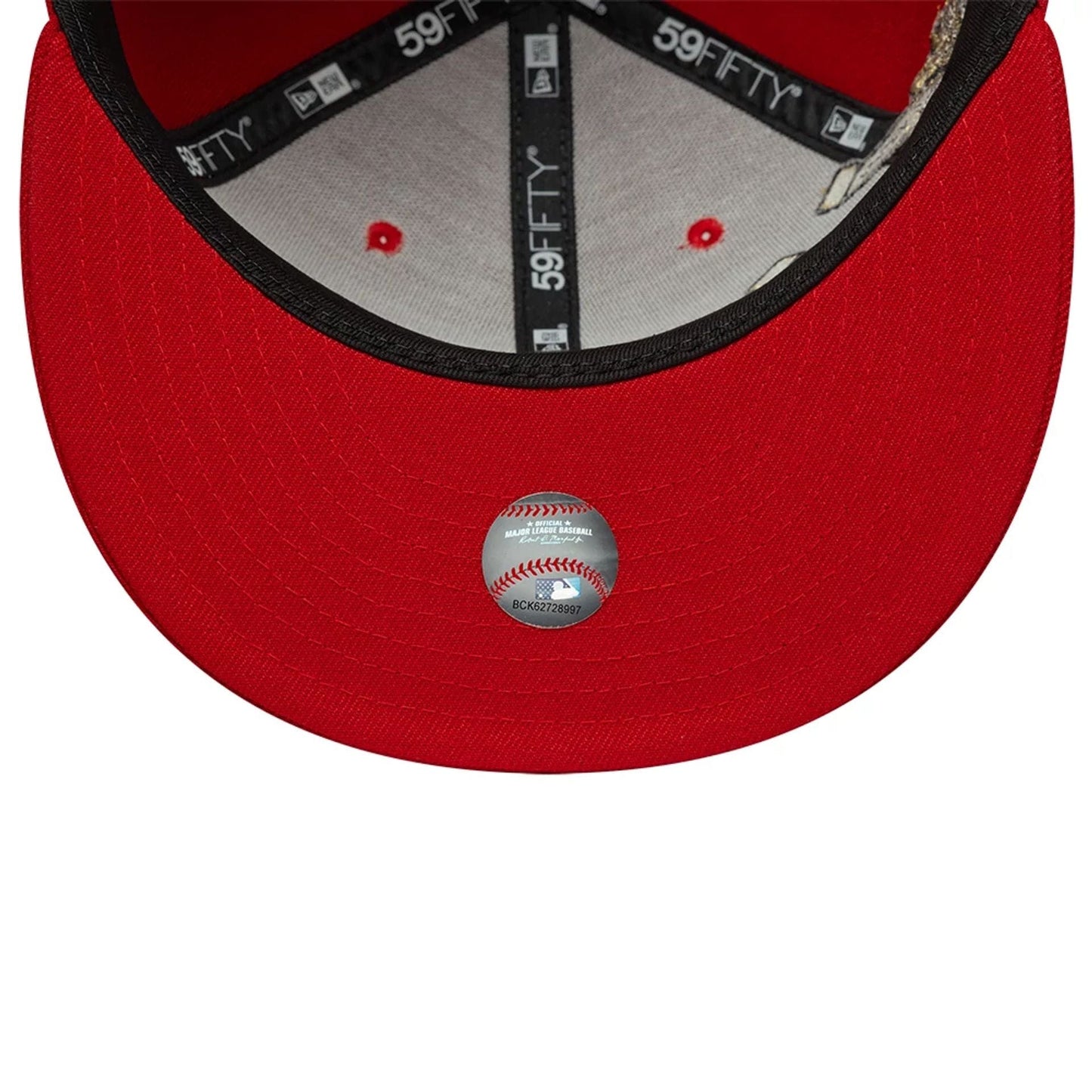 New York Yankees MLB Horseshoe Red New Era 59FIFTY Fitted Cap, inside view featuring black 59FIFTY taping along the red-bordered panels, a black sweatband, and a red undervisor, with a holographic baseball sticker centred on the underside.