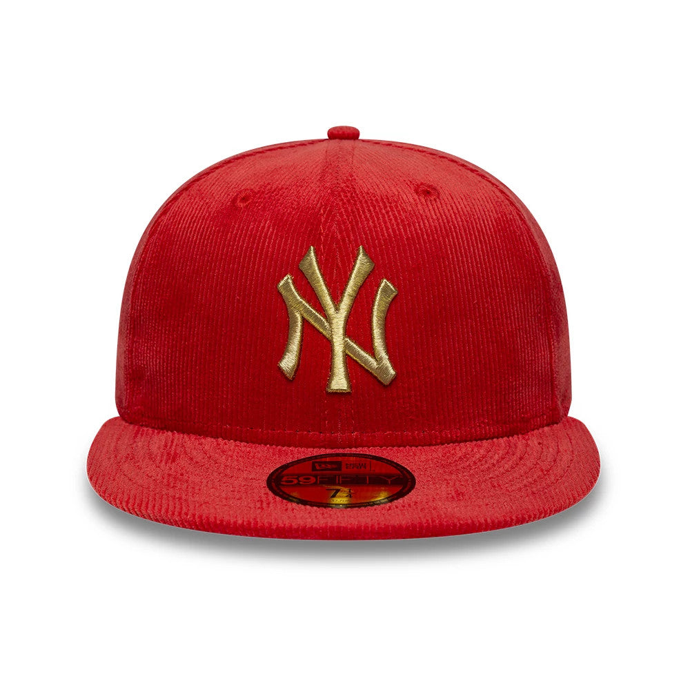 New York Yankees MLB Cord Red New Era 59FIFTY Fitted Cap, front view showing the gold raised embroidered NY logo centred on the red corded structured crown, with a matching red flat visor and a gold 59FIFTY size sticker on the visor.