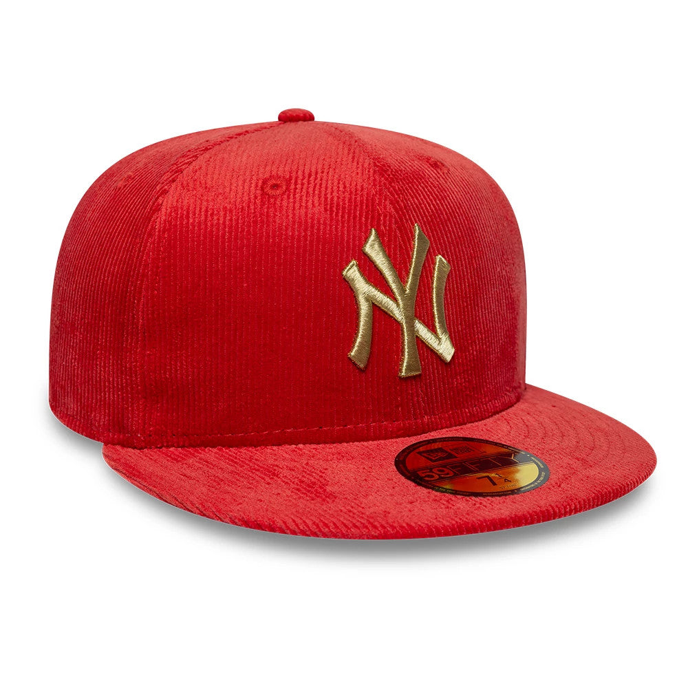New York Yankees MLB Cord Red New Era 59FIFTY Fitted Cap, front view showing the gold embroidered Yankees logo on the red corduroy textured front panel, with a matching red flat visor and gold 59FIFTY size sticker on the visor.