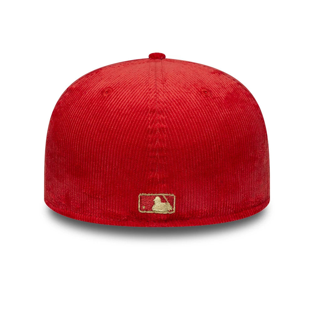 New York Yankees MLB Cord Red New Era 59FIFTY Fitted Cap, rear view showing the gold embroidered MLB Batterman logo centred on the red corduroy fabric, with seam and a structured crown.