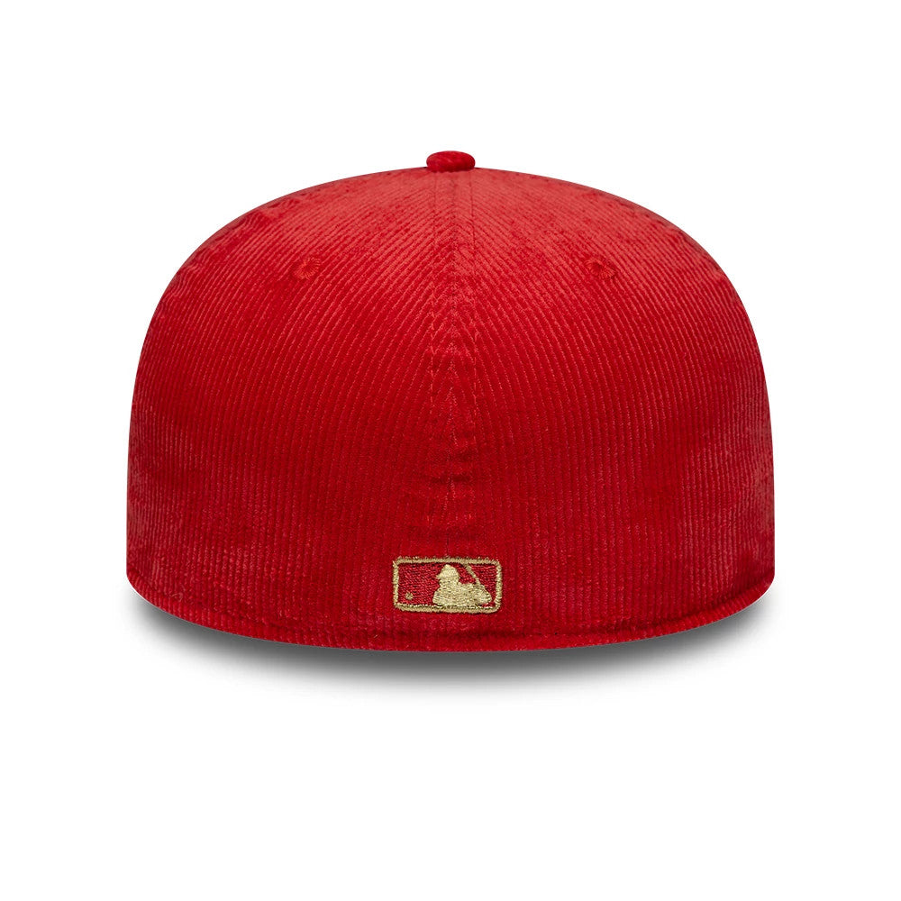 Chicago White Sox MLB Cord Red New Era 59FIFTY Fitted Cap, rear view showing the gold embroidered MLB Batterman logo at the centre of the back panels, with a textured red corduroy finish and a rounded crown.