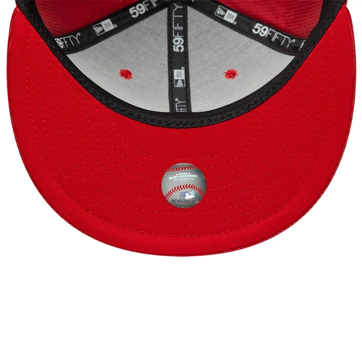Chicago White Sox MLB Cord Red New Era 59FIFTY Fitted Cap, inside view showing the black 59FIFTY taping along the seams, red eyelets on a grey fabric under the crown, and a grey undervisor with a baseball graphic label.