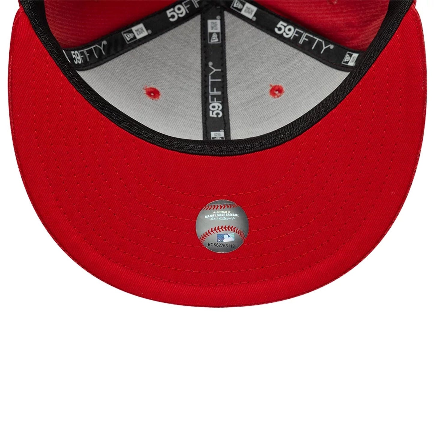 LA Dodgers MLB Cord Red New Era 59FIFTY Fitted Cap, inside view showing the black 59FIFTY taping along the seams, a contrasting red sweatband, and a grey undervisor with an MLB sticker placed on the red undervisor.