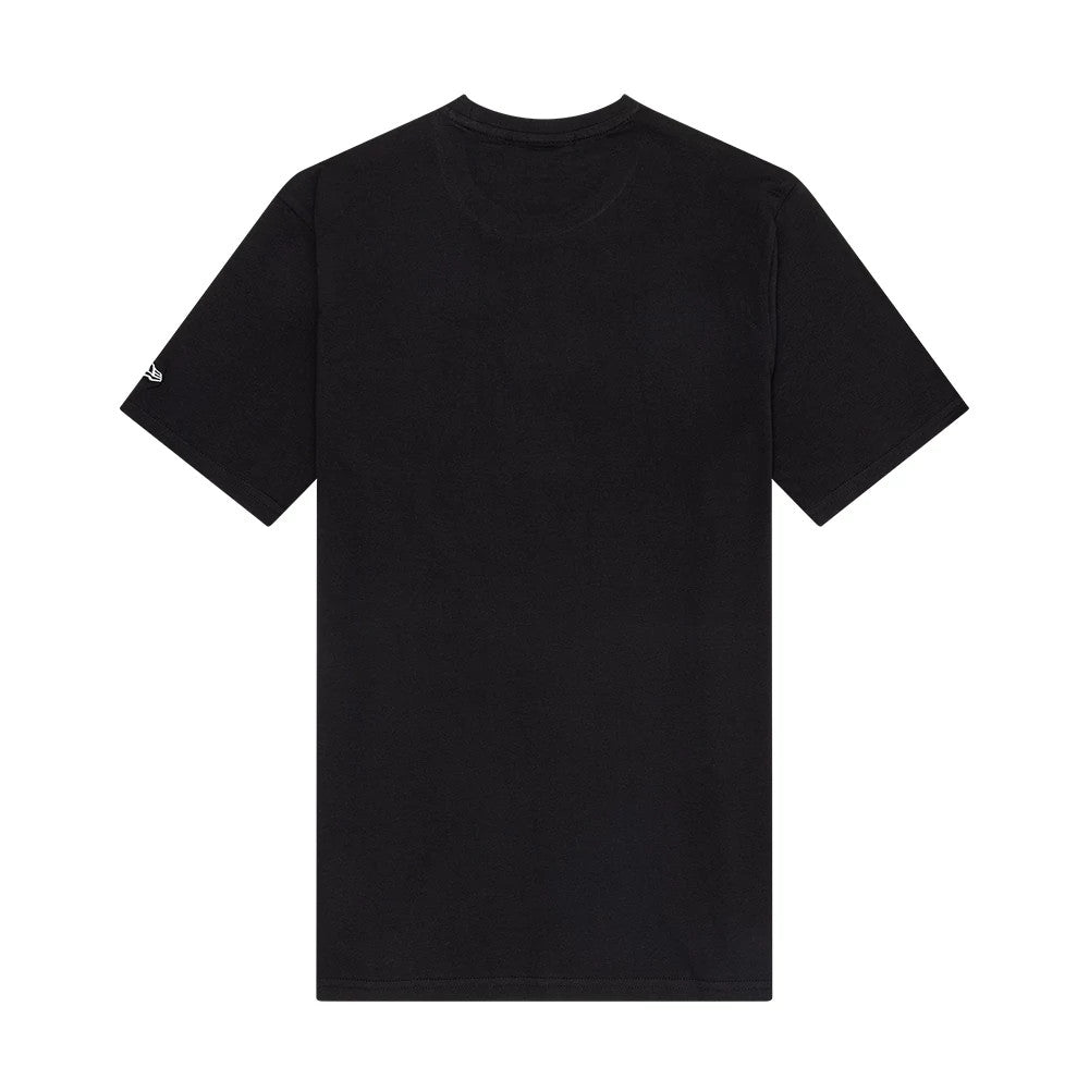 New Era New York Yankees MLB Drip Black T-Shirt, back view showing the plain black surface with no graphics, short sleeves and a small embroidered New Era logo on the edge of the left sleeve.