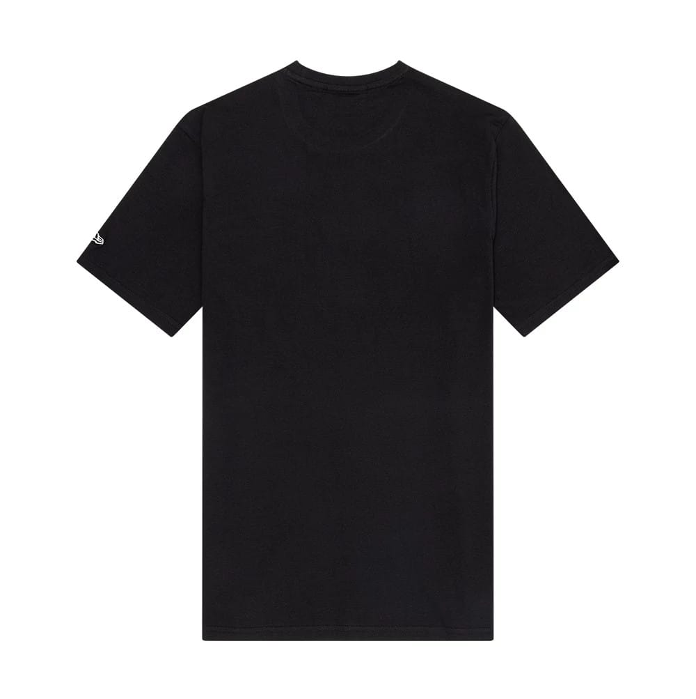 New Era New York Yankees MLB Drip Black T-Shirt, back view showing the plain black surface with no graphics, short sleeves and a small embroidered New Era logo on the edge of the left sleeve.
