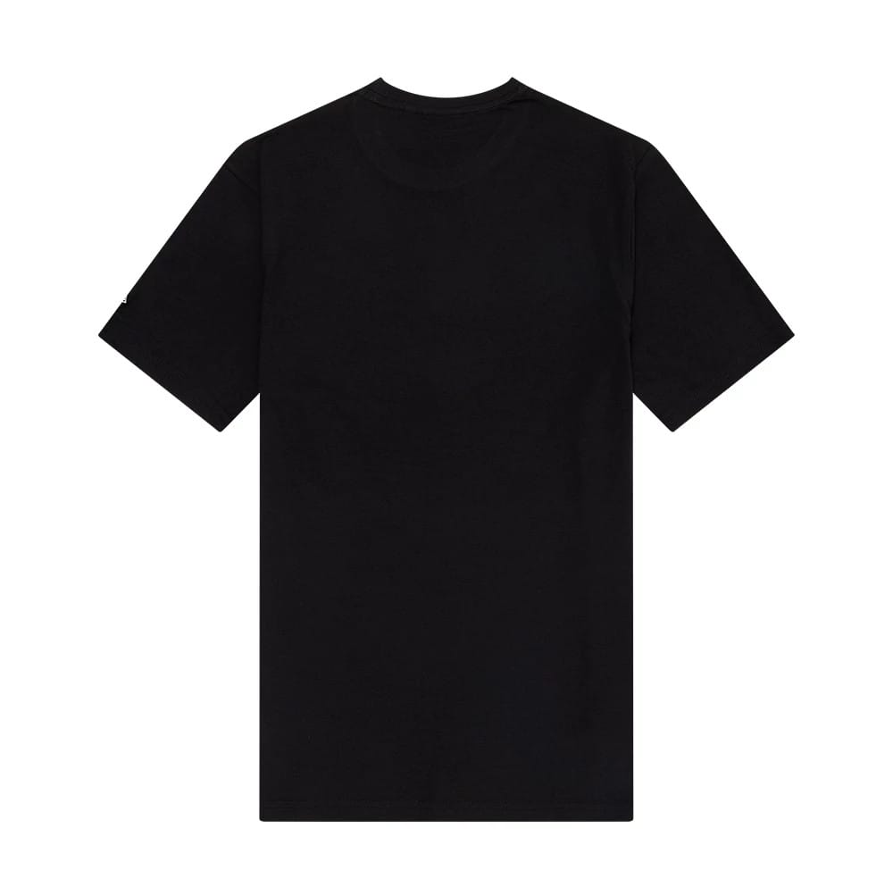 New Era Chicago Bulls NBA Script Graphic Black T-Shirt, back view showing a plain black design with no graphics, short sleeves, and a New Era embroidered logo on the left sleeve near the cuff.