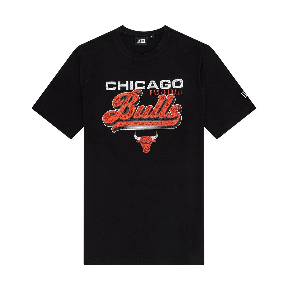 New Era Chicago Bulls NBA Script Graphic Black T-Shirt, front view showing the red and white script graphic of 'Bulls' across the chest, 'CHICAGO BASKETBALL' embroidered above in white, and a detailed Bulls logo below.