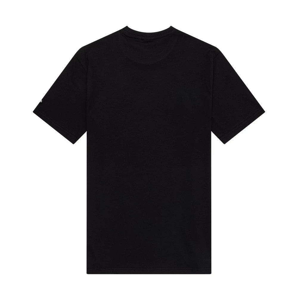 New Era LA Lakers NBA Wordmark Black T-Shirt, back view showing the plain black fabric with a simple round neckline, short sleeves, and a embroidered New Era logo on the left sleeve near the hem.