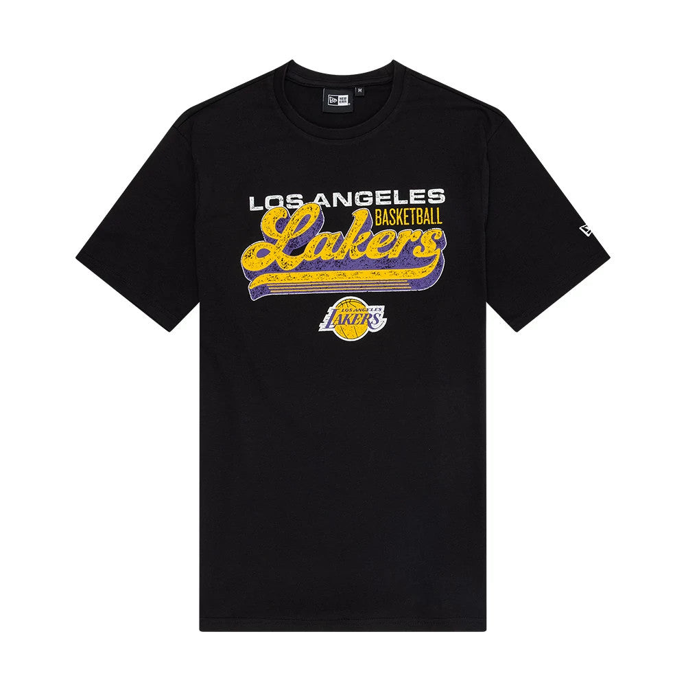 New Era LA Lakers NBA Wordmark Black T-Shirt, front view displaying the yellow and purple Lakers wordmark with Los Angeles Basketball above it, an NBA logo below, and a small embroidered New Era logo on the left sleeve.