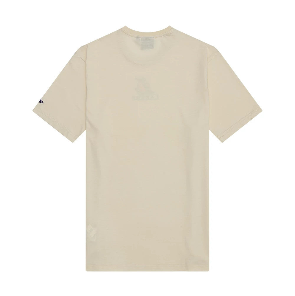 New Era LA Lakers NBA Wordmark Light Beige T-Shirt, back view showing a LA Lakers logo in the centre, a New Era embroidered logo on the left sleeve, and a plain light beige surface with short sleeves.