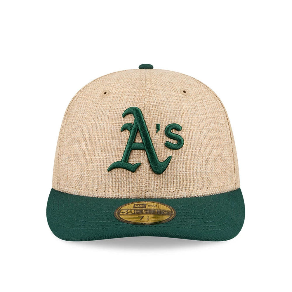 Athletics MLB Twine Beige New Era 59FIFTY Fitted Cap, front view showing the raised dark green A's logo embroidered on the natural beige crown, complemented by a matching dark green flat visor with a gold 59FIFTY size sticker on top.