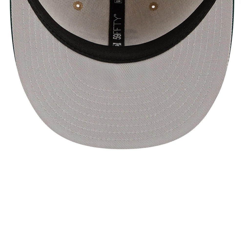 Athletics MLB Twine Beige New Era 59FIFTY Fitted Cap, inside view showing grey undervisor with neat stitching, black 59FIFTY taping along the centre, and beige sweatband encircling the inner rim.