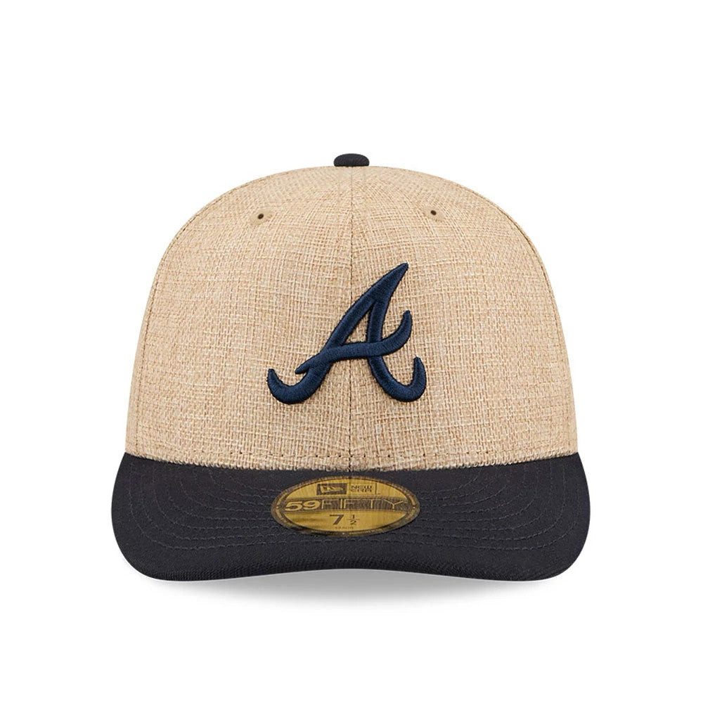 Atlanta Braves MLB Twine Beige New Era 59FIFTY Fitted Cap, front view showing the navy raised embroidered A logo on the beige textured crown, contrasted with a black visor and a gold 59FIFTY size sticker on the visor.