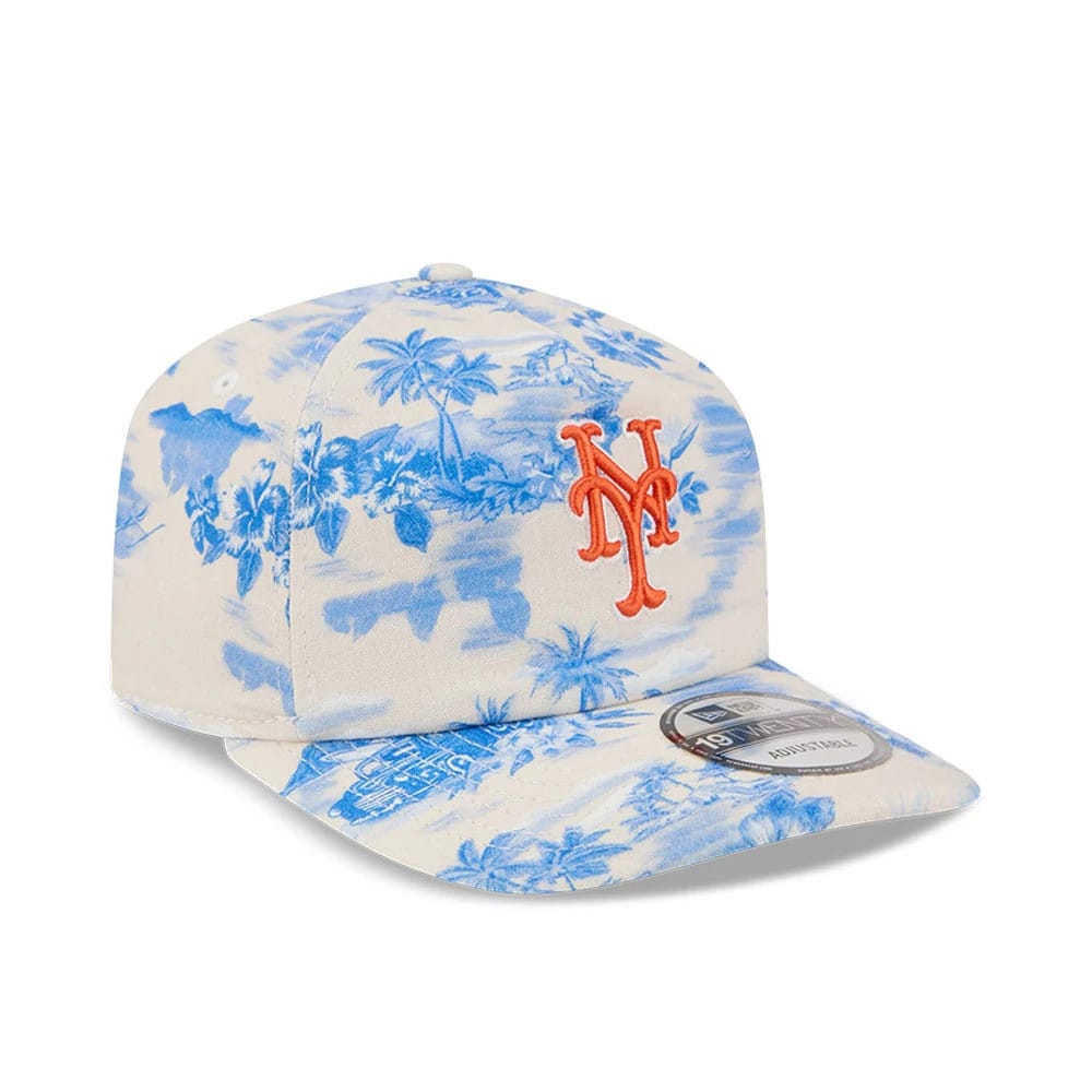 New York Mets MLB Tropics Blue New Era 19TWENTY Adjustable Cap, three-quarter view showing the orange raised embroidery NY logo on the front panel, tropical blue print with palm trees and the 19TWENTY size sticker on the visor.