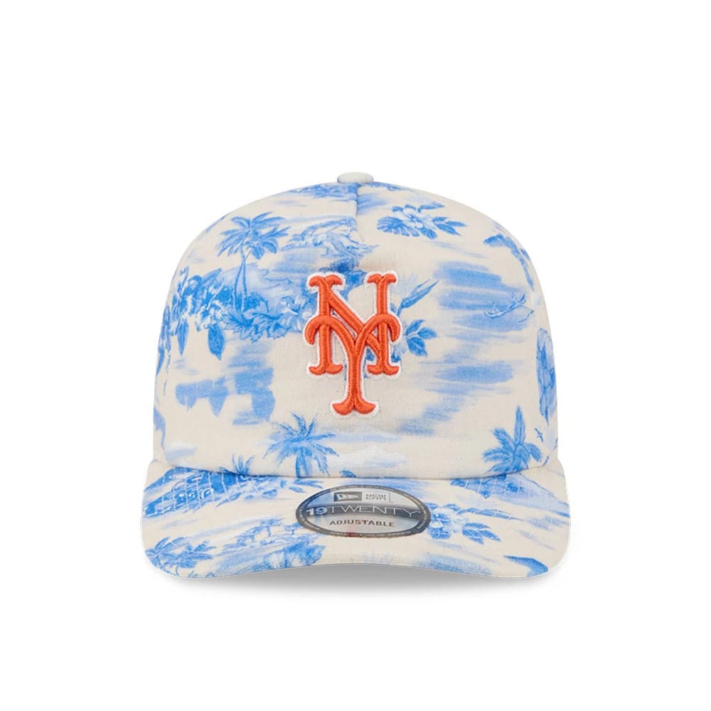 New York Mets MLB Tropics Blue New Era 19TWENTY Adjustable Cap, front view showing an orange raised embroidered NY logo on the structured crown, topped with a matching fabric top button.