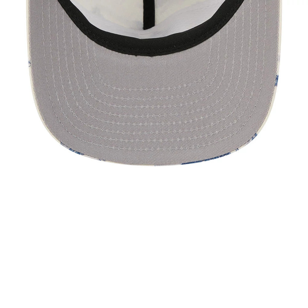 New York Yankees MLB Tropics Navy New Era 19TWENTY Adjustable Cap, inside view showing the black sweatband, grey undervisor with detailed stitching, and white taping that lines the interior, offering contrast against the navy fabric.