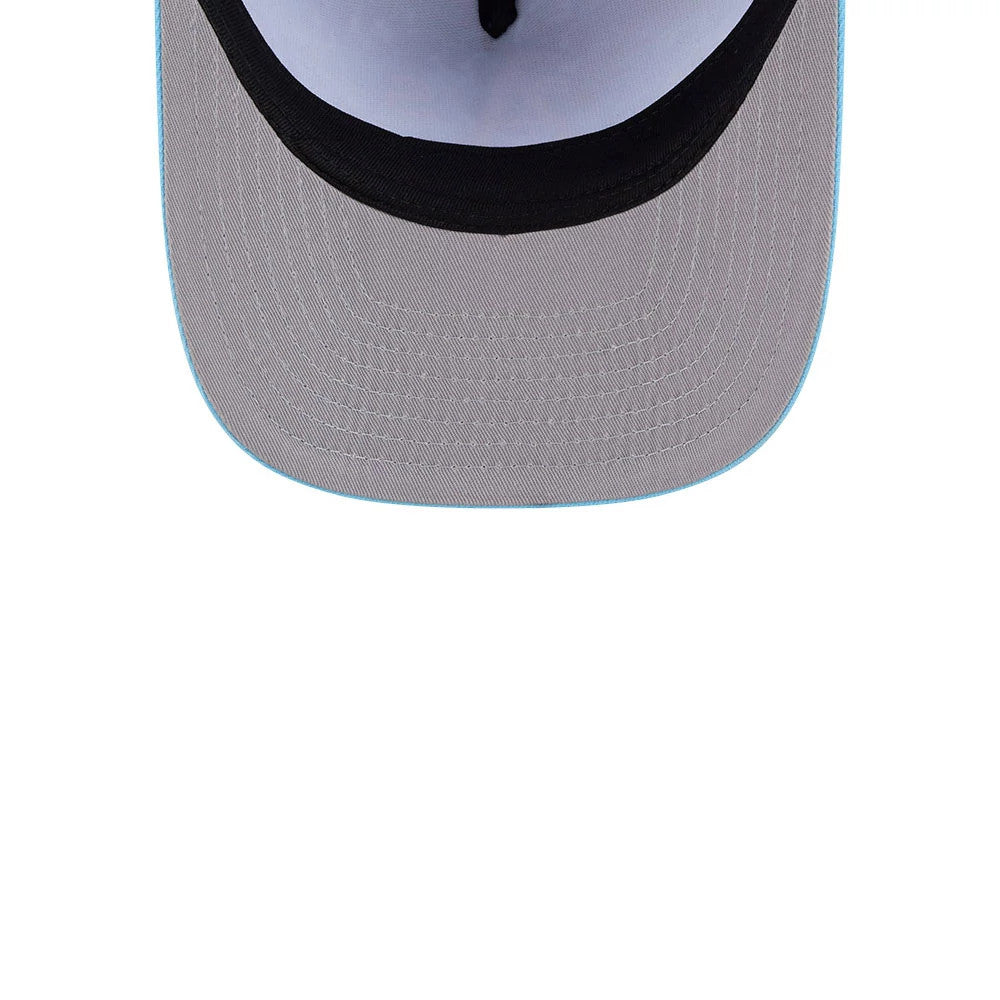 Athletics MLB Deep Water Pastel Blue New Era 9FIFTY A-Frame Snapback Adjustable Cap, inside view showing a grey undervisor with precise stitching, complemented by a black sweatband around the edge and white taping across the crown interior.