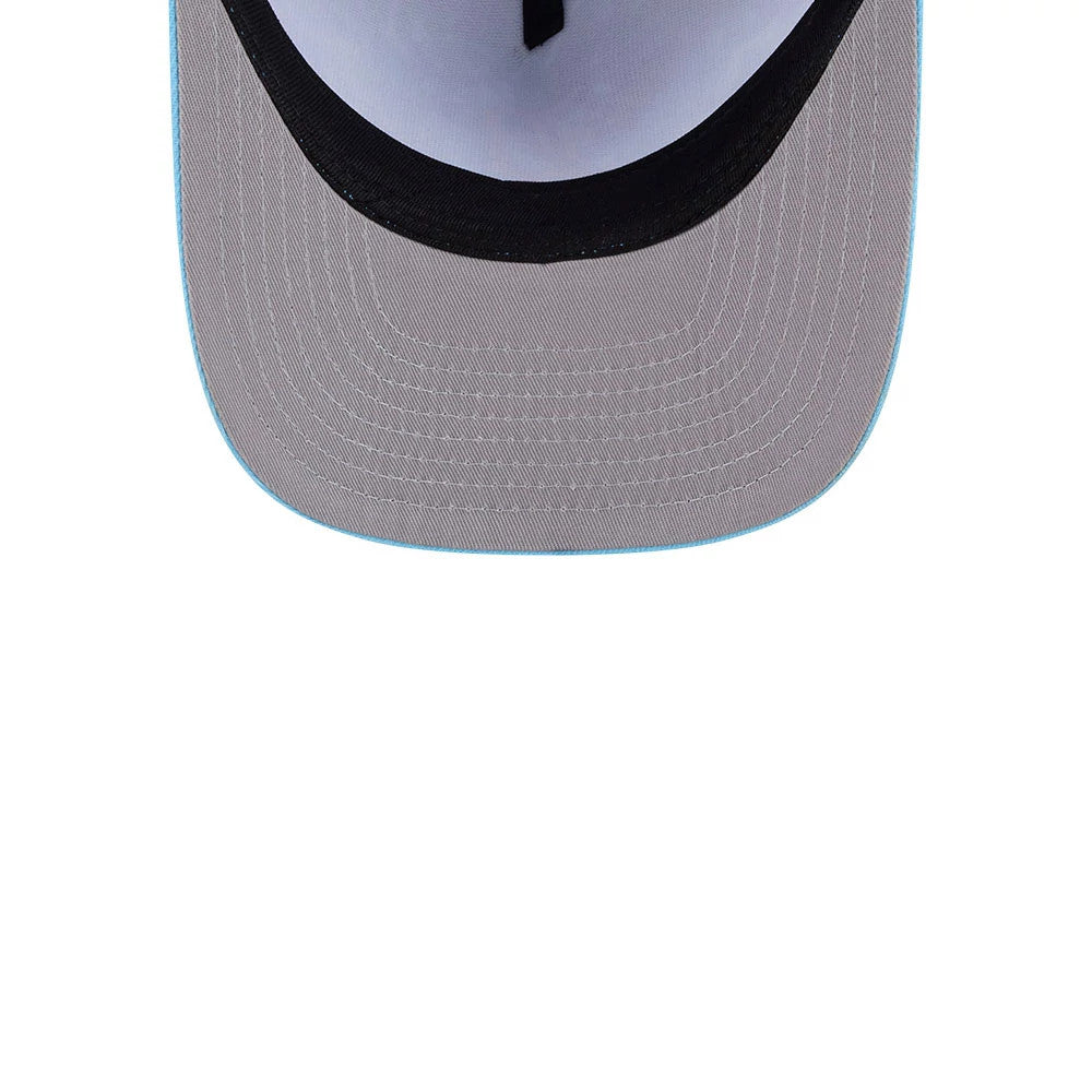 Tigers MLB Deep Water Pastel Blue New Era 9FIFTY A-Frame Snapback Adjustable Cap, inside view showing the grey undervisor with black edge, soft black sweatband, and taped seams in the structured interior of the cap.