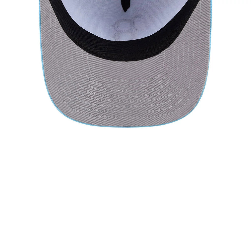 Red Sox MLB Deep Water Pastel Blue New Era 9FIFTY A-Frame Snapback Adjustable Cap, inside view showing the grey undervisor, a black sweatband contrasting against the white inner panels, and detailed stitching around the visor edge.