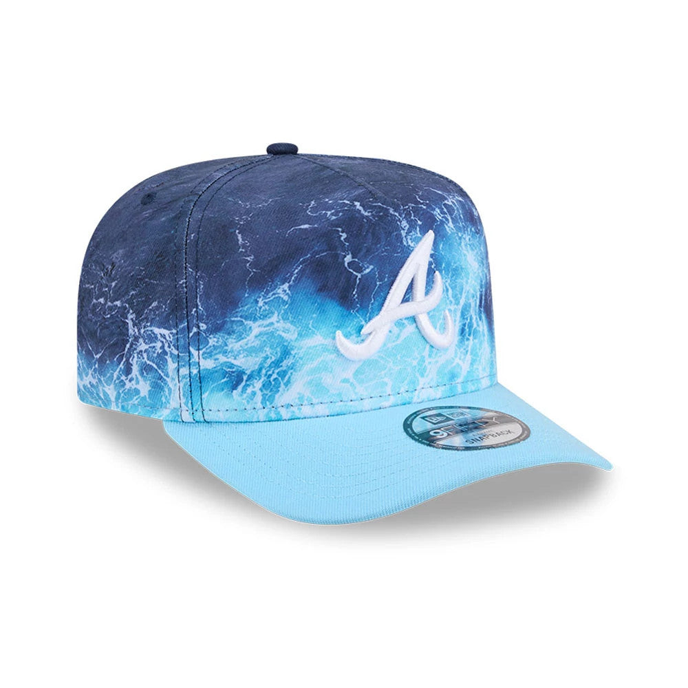 Braves MLB Deep Water Pastel Blue New Era 9FIFTY A-Frame Snapback Adjustable Cap, three-quarter view showing the white embroidered A logo on the ocean-inspired blue crown, light blue visor, and 9FIFTY size sticker on the top.