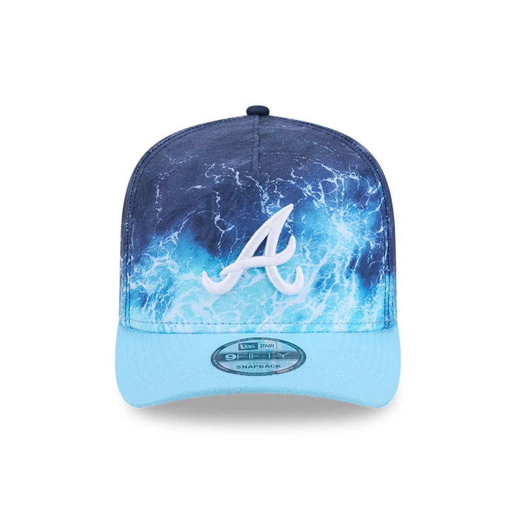 Braves MLB Deep Water Pastel Blue New Era 9FIFTY A-Frame Snapback Adjustable Cap, front view showing a white raised embroidered A logo on dark blue and light blue water pattern front panels, with a pastel blue flat visor and 9FIFTY size sticker.