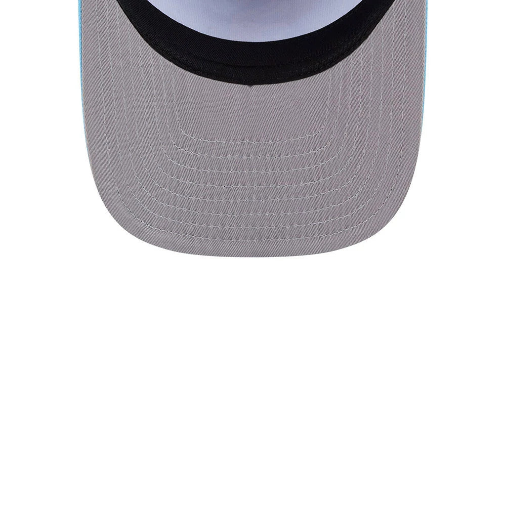 White Sox MLB Deep Water Pastel Blue New Era 9FIFTY A-Frame Snapback Adjustable Cap, inside view showing a grey undervisor, a black sweatband around the crown, and white New Era branded taping across the interior panels.