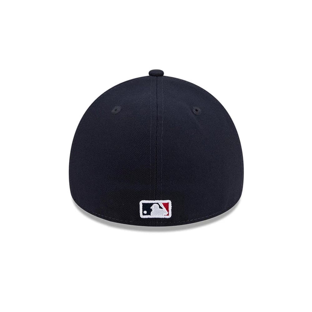 Atlanta Braves MLB Team Side Navy New Era 59FORTY A-Frame Fitted Cap, rear view showing the embroidered MLB Batterman logo in white, navy, and red centred on the back panels, with a navy structured crown and matching top button.