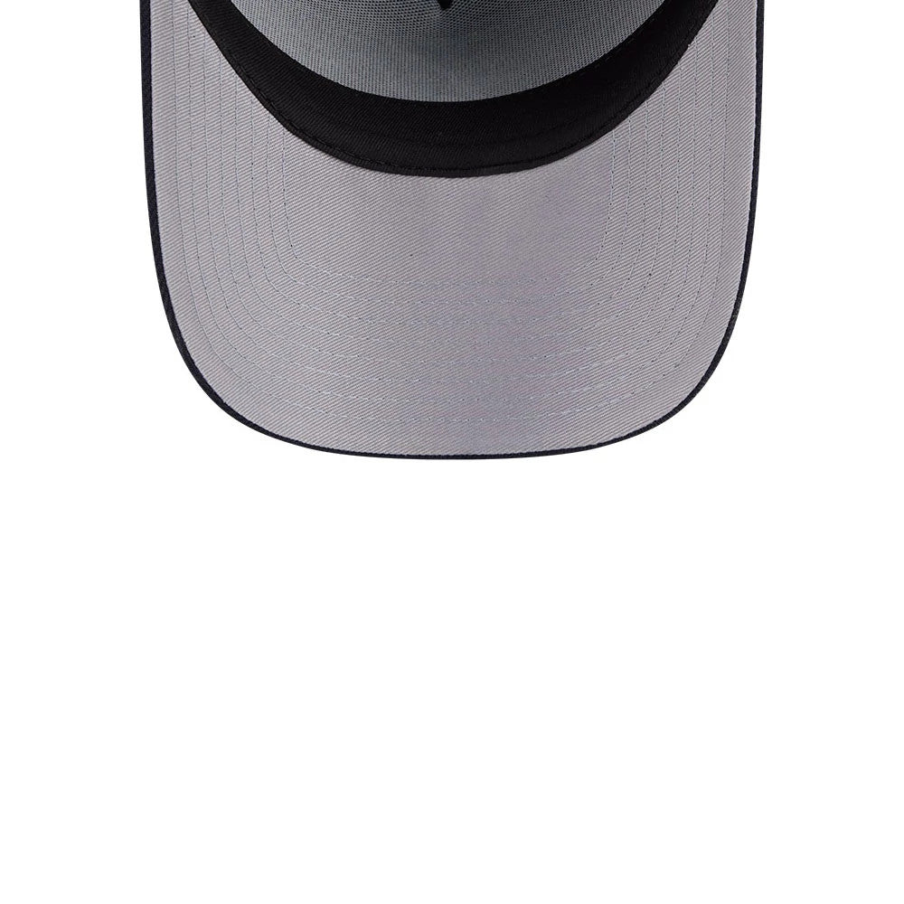 Atlanta Braves MLB Team Side Navy New Era 59FORTY A-Frame Fitted Cap, inside view showing a grey undervisor, black interior sweatband around the base, and stitching on the visor for a classic look.