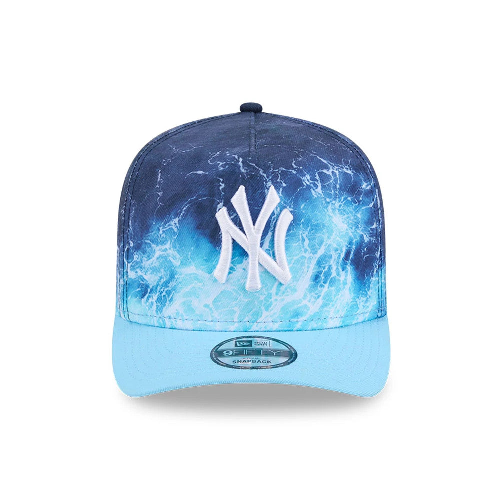 Yankees MLB Deep Water Pastel Blue New Era 9FIFTY A-Frame Snapback Adjustable Cap, front view showing a white embroidered Yankees logo centred on a deep water pattern crown, with a pastel blue flat visor and 9FIFTY size sticker.