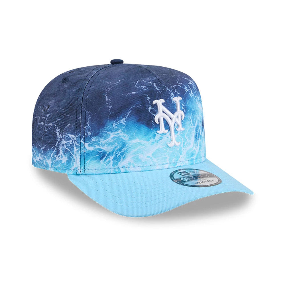 Mets MLB Deep Water Pastel Blue New Era 9FIFTY A-Frame Snapback Adjustable Cap, three-quarter view showing the white embroidered Mets logo on the front panel, deep blue and pastel water print, and pastel blue visor with a 9FIFTY size sticker.