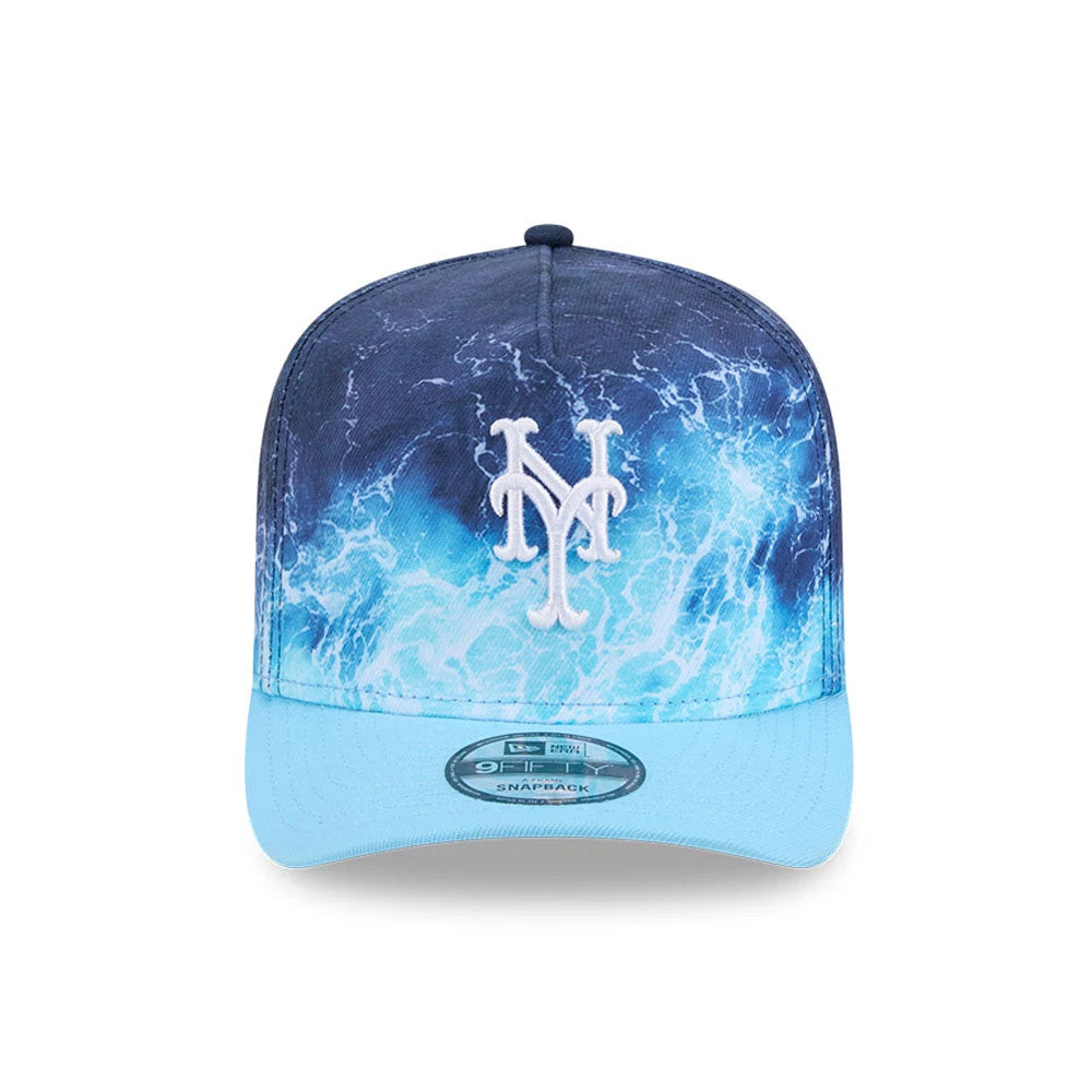 Mets MLB Deep Water Pastel Blue New Era 9FIFTY A-Frame Snapback Adjustable Cap, front view showing the white embroidered Mets logo on a dynamic blue water-inspired crown, complemented by a pastel blue flat visor with a 9FIFTY size sticker.