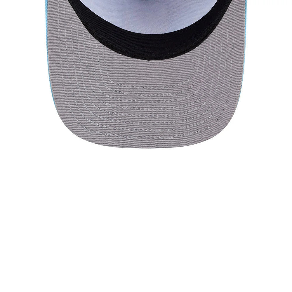 Padres MLB Deep Water Pastel Blue New Era 9FIFTY A-Frame Snapback Adjustable Cap, inside view showing the grey undervisor, black sweatband lining the edge, and blue taping across the interior of the crown.