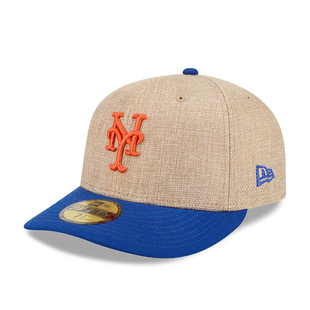 New York Mets MLB Twine Blue New Era 59FIFTY Fitted Cap, three-quarter view showing the flat embroidered orange Mets logo on the front panel, a contrasting blue visor with a gold 59FIFTY size sticker, and a blue New Era flag logo on the left side.