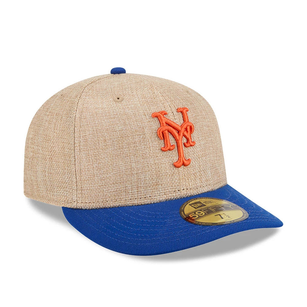 New York Mets MLB Twine Blue New Era 59FIFTY Fitted Cap, three-quarter view showcasing the orange embroidered NY logo on the front panel, a contrasting blue visor with a gold 59FIFTY size sticker, and a textured twine crown.
