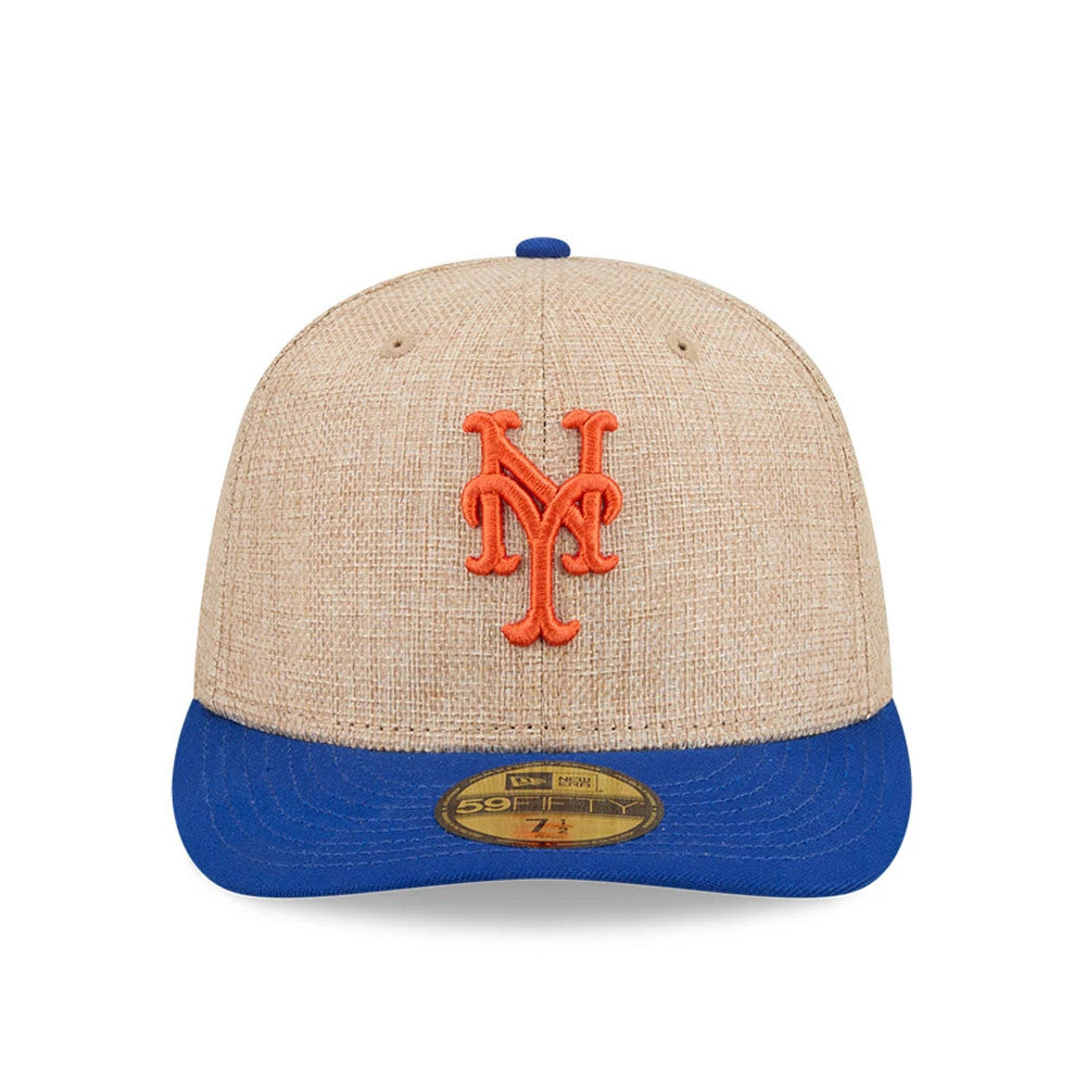 New York Mets MLB Twine Blue New Era 59FIFTY Fitted Cap, front view showing the orange raised embroidered Mets logo on the textured beige front panel, blue flat visor with a gold 59FIFTY size sticker, and matching top button.
