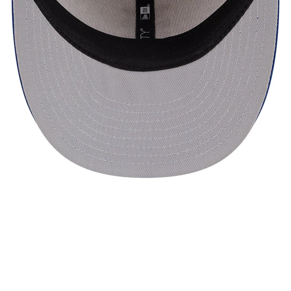 New York Mets MLB Twine Blue New Era 59FIFTY Fitted Cap, inside view showing the grey undervisor with white stitching, black sweatband, and black New Era taping running along the crown’s interior.