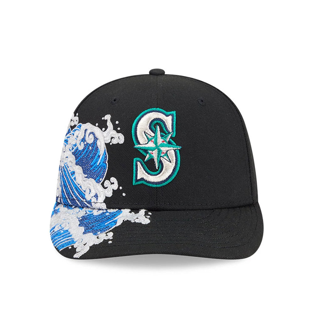 Seattle Mariners MLB Vissurf Black New Era 9FIFTY Snapback Adjustable Cap, front view showing the blue and white embroidered wave design on the left front panel and visor, with the Seattle Mariners teal and white S logo on the right front panel.