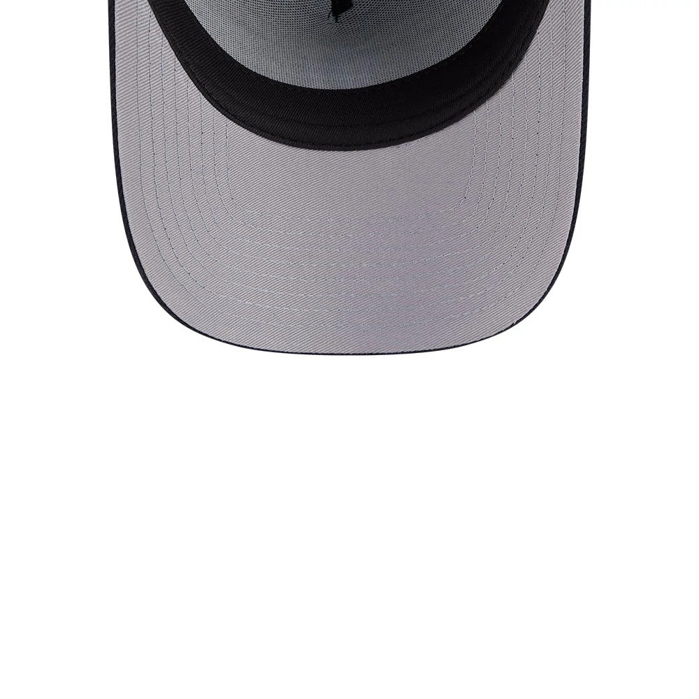 Detroit Tigers MLB Team Side Navy New Era 59FORTY A-Frame Fitted Cap, inside view showing the grey undervisor with a black sweatband lining the edge, stitching across the centre, and the interior of the structured navy crown.