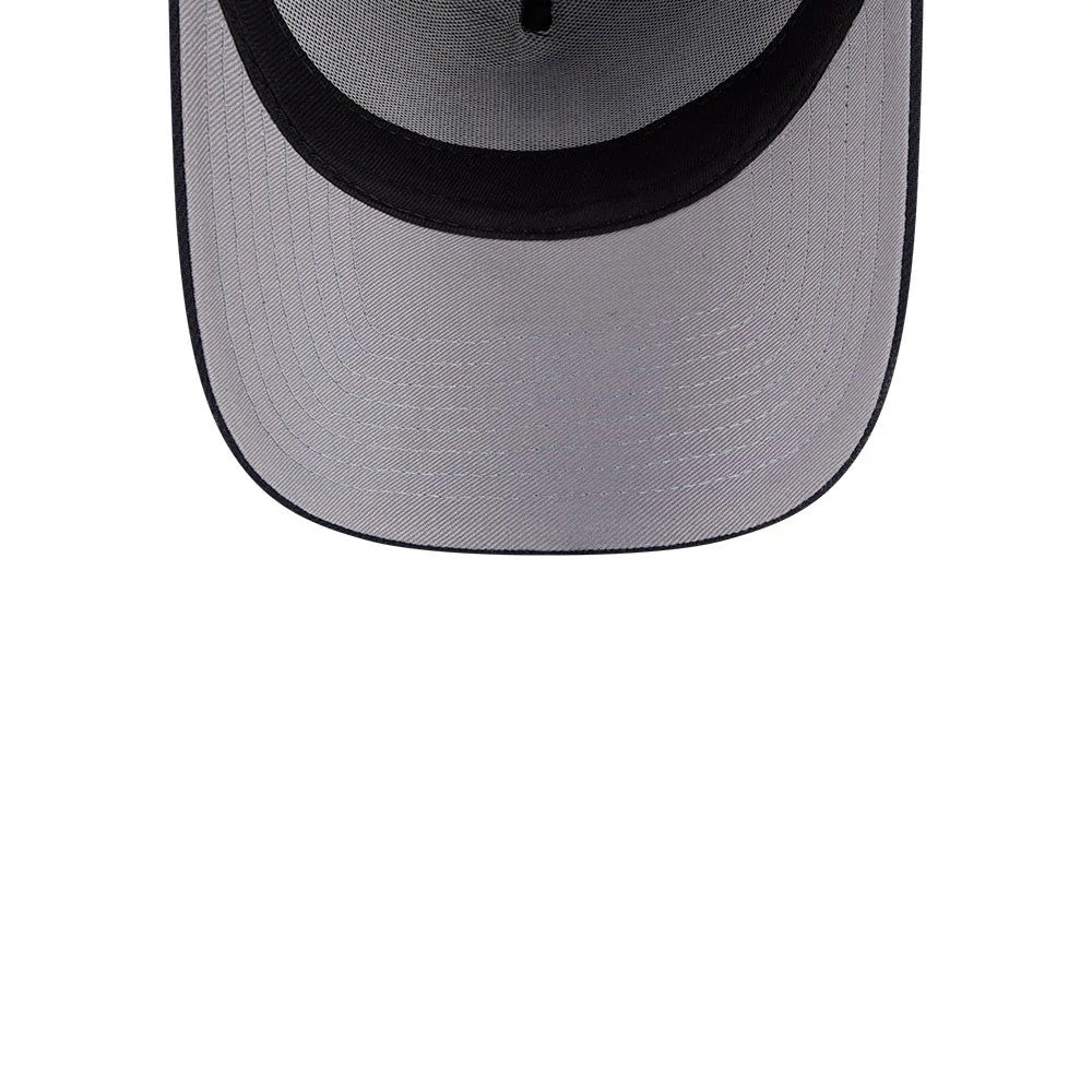 Red Sox MLB Team Side Navy New Era 59FORTY A-Frame Fitted Cap, inside view showing a grey undervisor, black sweatband around the inside edge, and central black taping detail running across the crown interior.