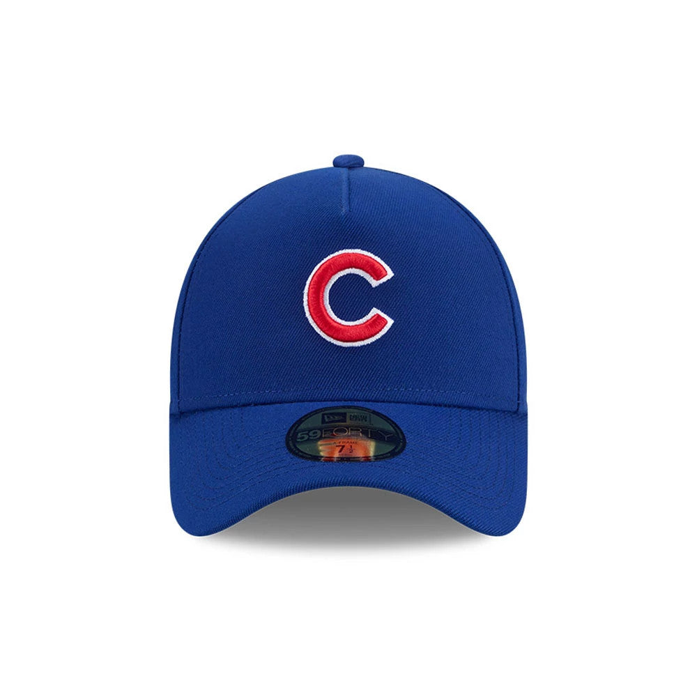 Chicago Cubs MLB Team Side Blue New Era 59FORTY A-Frame Fitted Cap, front view showing the raised embroidered red C logo on the structured blue crown, with a curved blue visor and a 59FORTY size sticker on the visor.