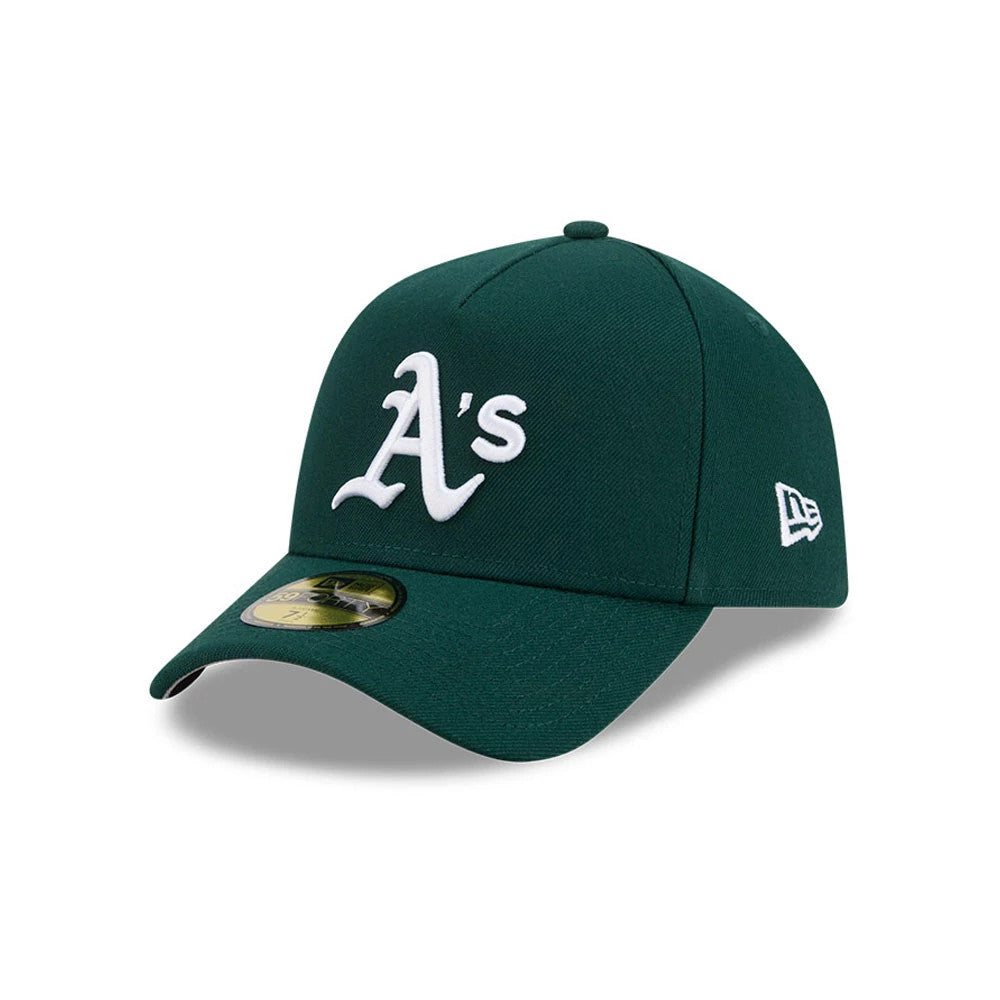 Athletics MLB Team Side Green New Era 59FORTY A-Frame Fitted Cap, three-quarter view showing a white embroidered A's logo on the front panel, a green curved visor with a gold 59FORTY size sticker, and the New Era flag logo on the left side.