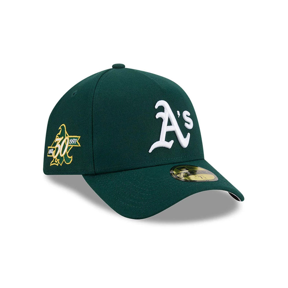 Athletics MLB Team Side Green New Era 59FORTY A-Frame Fitted Cap, three-quarter view showing the raised white A’s logo embroidered on the front panel, with a dark green curved visor and gold 59FORTY size sticker on top, side patch in yellow.