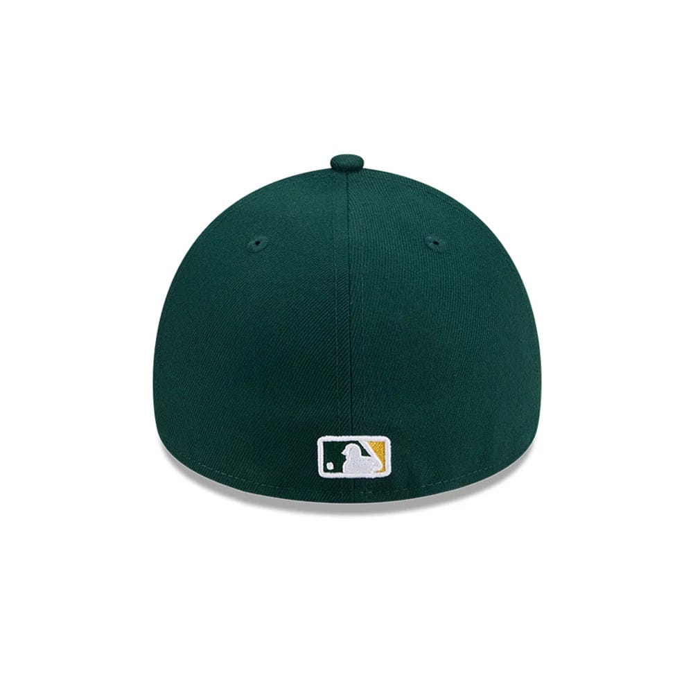Athletics MLB Team Side Green New Era 59FORTY A-Frame Fitted Cap, rear view showing the white embroidered MLB Batterman logo centred on the back, with green eyelets and a matching top button on the structured crown.