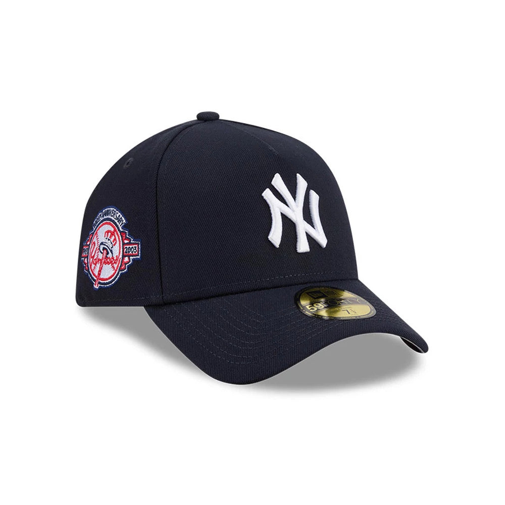 Yankees MLB Team Side Navy New Era 59FORTY A-Frame Fitted Cap, three-quarter view showing the raised white NY logo on the front panel, a 100th Anniversary patch on the left side, and the gold 59FORTY size sticker on the navy curved visor.