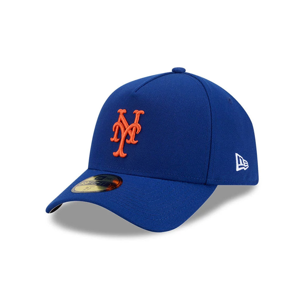 Mets MLB Team Side Blue New Era 59FORTY A-Frame Fitted Cap, three-quarter view showing an orange Mets logo embroidered on the front panel, a blue curved visor with a gold 59FORTY size sticker, and the New Era flag logo on the left side.