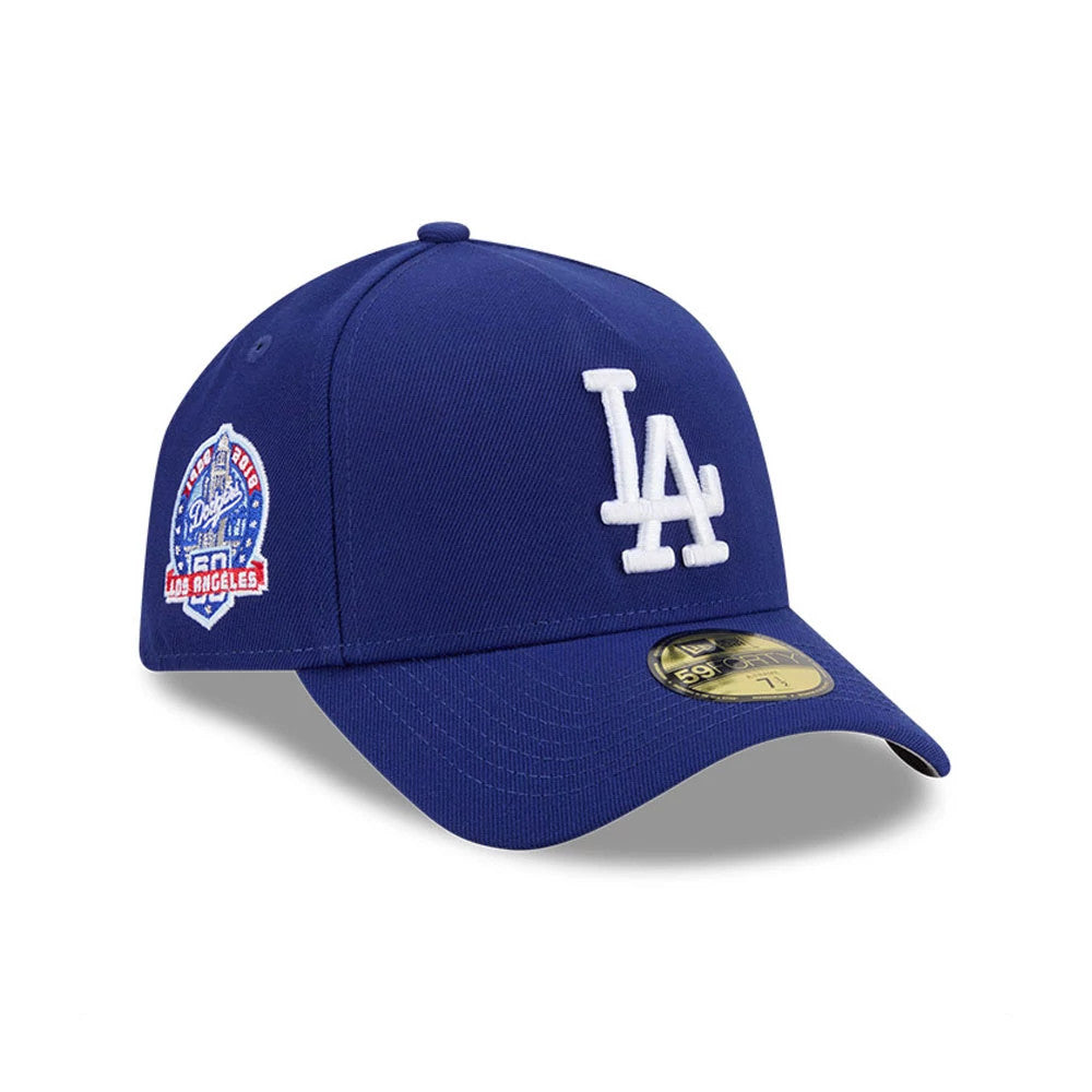 LA Dodgers MLB Team Side Dark Blue New Era 59FORTY A-Frame Fitted Cap, three-quarter view showing the raised embroidered white LA logo on the front panel, a gold 59FORTY size sticker on the dark blue curved visor.