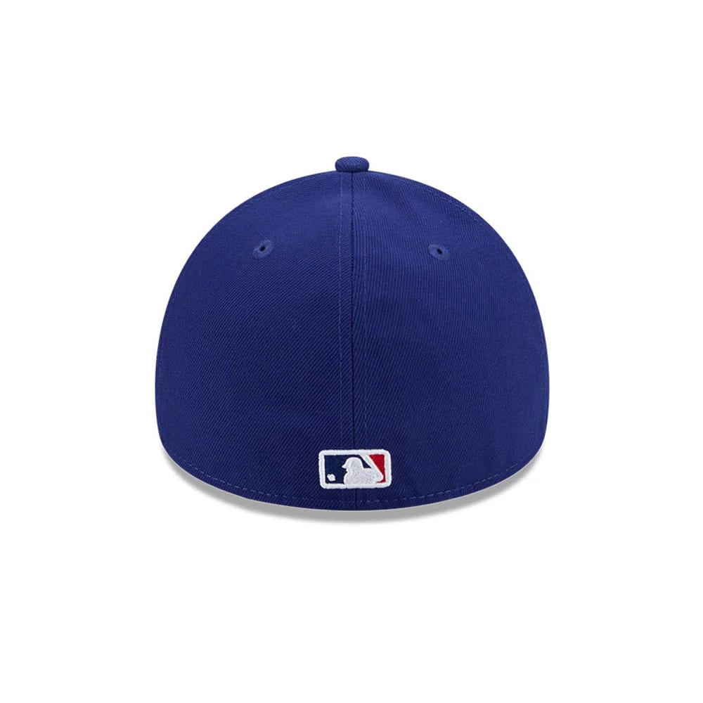 LA Dodgers MLB Team Side Dark Blue New Era 59FORTY A-Frame Fitted Cap, rear view showing the MLB Batterman logo embroidered in white, blue, and red at the centre back of the structured dark blue crown, with two dark eyelets and a top button.