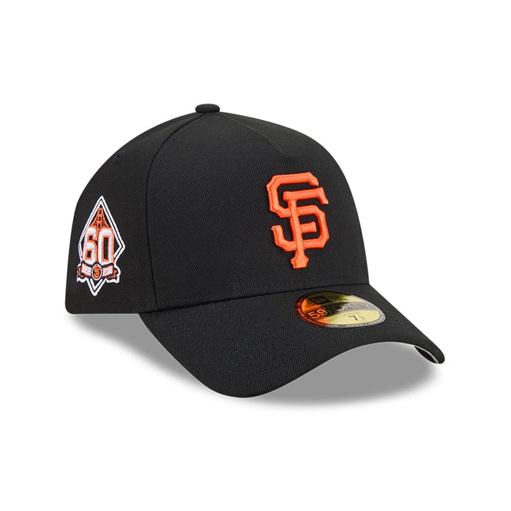 San Francisco Giants MLB Team Side Black New Era 59FORTY A-Frame Fitted Cap, three-quarter view showing the orange raised embroidered SF logo on the front panel, a gold 59FORTY size sticker on the curved black visor.